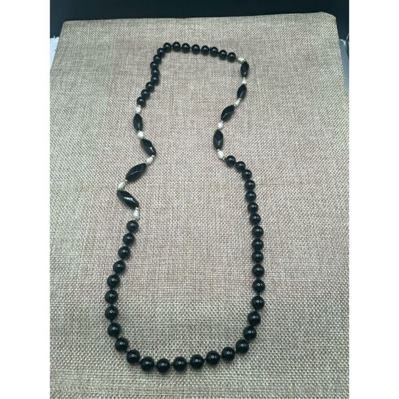 Black Onyx and Pearl Necklace Gold Rondelle Beads 15” Collections Gift Ideas - Picture 2 of 6